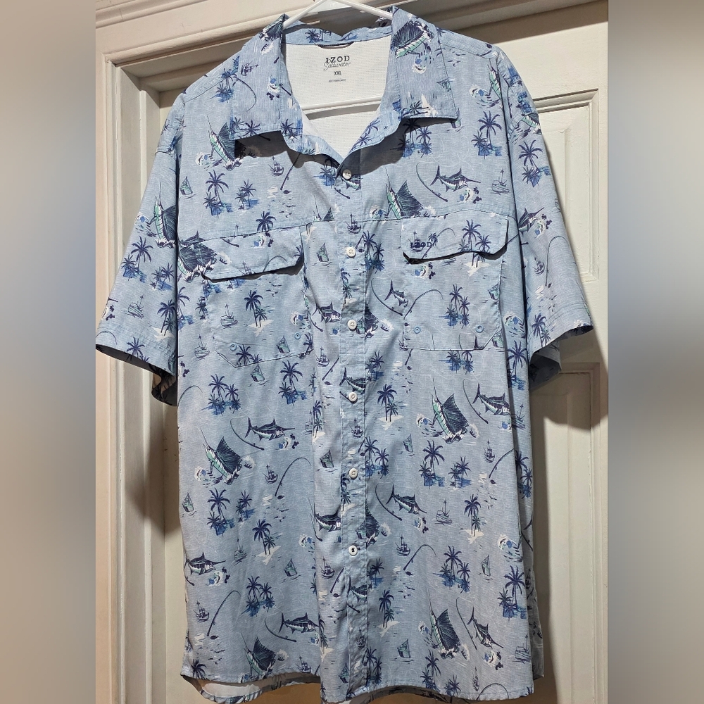 NWOT Men's IZOD Saltwater Short Sleeve Lightweight Shirt. Fishing Print. 2XL
